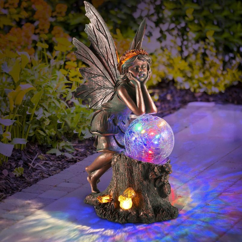 Photo 1 of 13.2 Inch Large Fairy Angel Garden Statue Sculpture with Glass Ball Solar Lights, Vintage Bronze Fairy Elf Girl Figurine Outdoor Patio Yard Lawn Home Ornament Decor, Valentine's Day Gift
