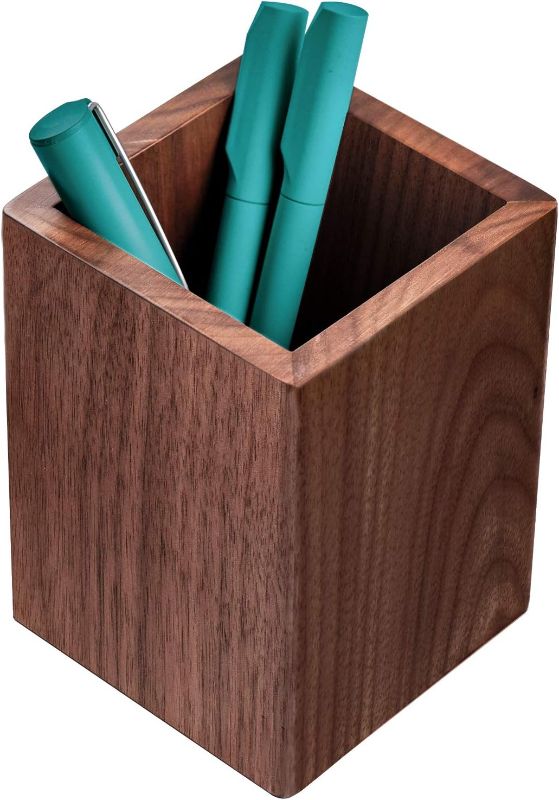 Photo 1 of Wooden Wood Black Walnut Pen Holder for Desk Premium Pencil Holder Pen Cup Makeup Brush Holder Desk Accessories & Workspace Organizers for Home, School & Office (005)