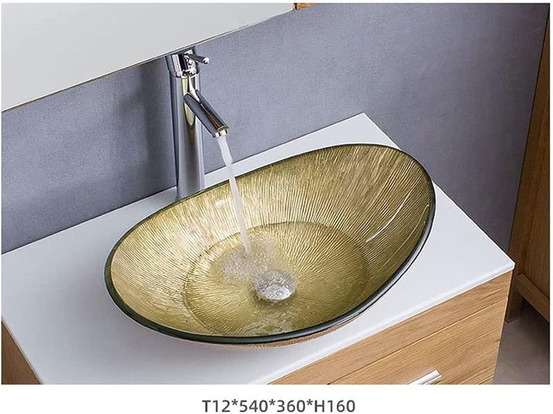 Photo 1 of Boat Shape Bathroom Sink,Artistic Tempered Glass Vessel Sink Basin Washing Bowl Set,Cabinet Countertop Sink with Water Faucet and Pop-Up Sink Drain,Yellow-B