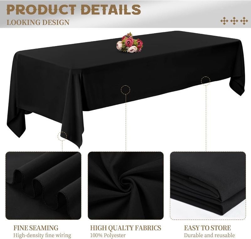 Photo 1 of 1 Pack Table Cloth Black Tablecloth 60 x 102 Inch, Rectangle Table Cloth for 6 Foot Table, Wrinkle Resistant Washable Polyester Table Cover for Wedding Dining Table Buffet Parties and Camping