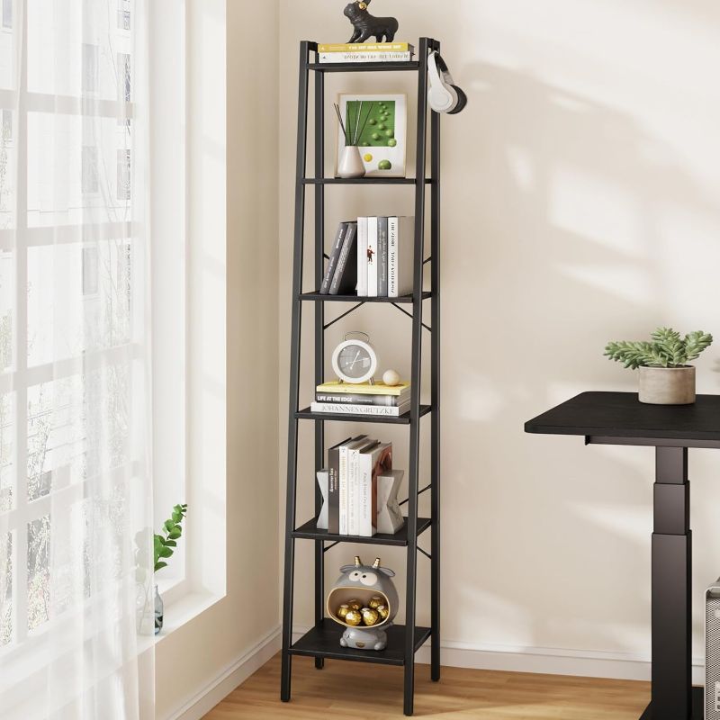 Photo 1 of 6-Tier Ladder Shelf, Narrow Bookshelf Bookcase, Freestanding Corner Storage Shelve with 2 Hooks for Home Office, Living Room, Kitchen, Bedroom, Industrial, Black BC13304B