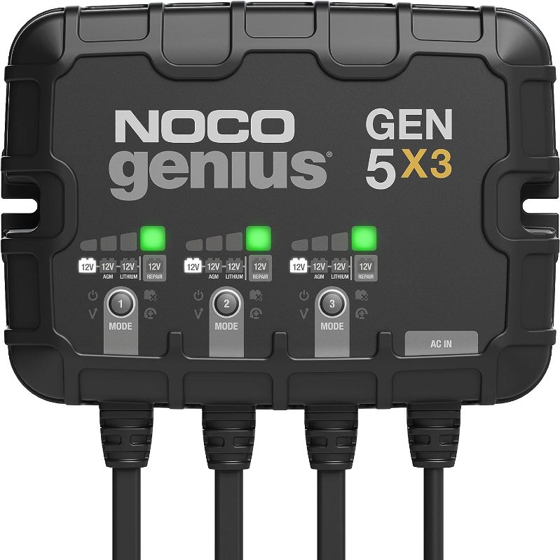 Photo 1 of 
NOCO Genius GEN5X3, 3-Bank, 15A (5A/Bank) Smart Marine Battery Charger, 12V Waterproof Onboard Boat Charger, Battery Maintainer and Desulfator for AGM,...