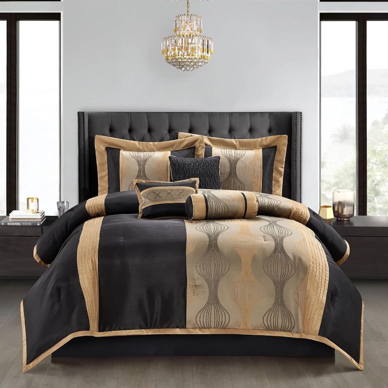 Photo 1 of Black and Gold Comforter Set, 7 Pieces Jacquard Bedding Sets with Comforter, Bed Skirt, Pillows & Shams, king Size, Lightweight Microfiber, All Season Bedroom Home Décor