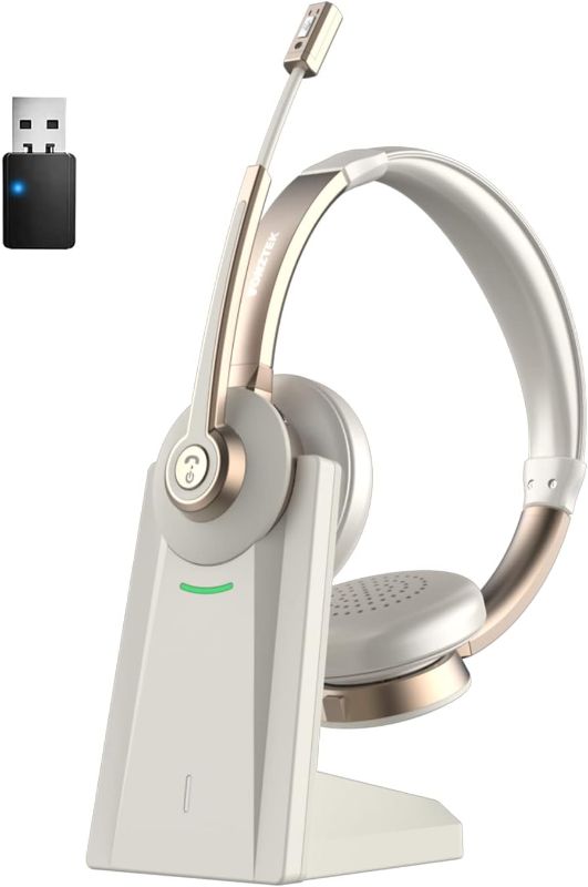 Photo 1 of Bluetooth Headset with Microphone, QCC Wireless Headphones with Mic Noise Cancelling & Mute/Charging Dock/Plug & Play USB Dongle, 26 Hrs On Ear Headphones for PC/MS Teams/Zoom/Skype Gold
