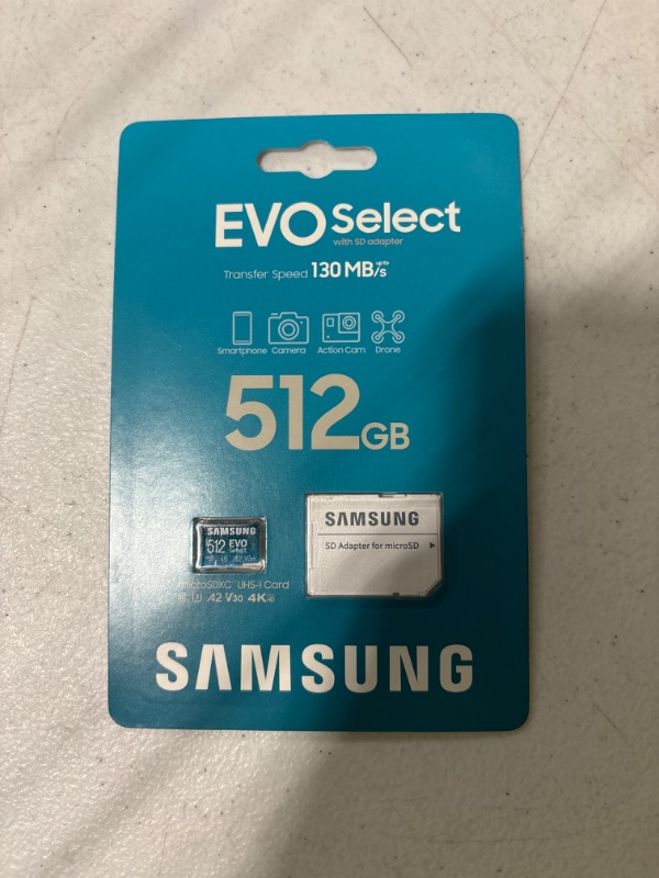 Photo 2 of 
SAMSUNG EVO Select Micro SD-Memory-Card + Adapter, 512GB microSDXC 130MB/s Full HD & 4K UHD, UHS-I, U3, A2, V30, Expanded Storage