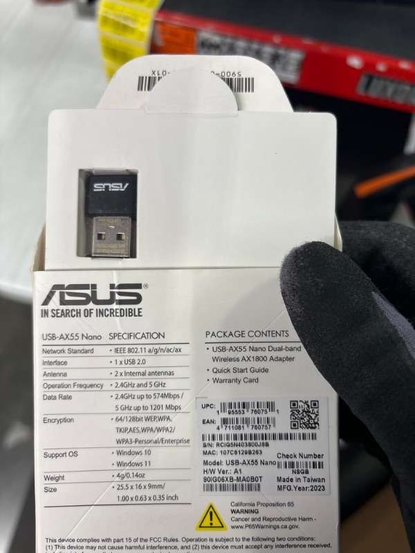 Photo 1 of ASUS AX1800 Dual Band WiFi 6 USB Adapter, WiFi 6, 802.11ax, WPA3 Network Security, 5GHz Frequency Band, Compact Size (USB-AX55 Nano)