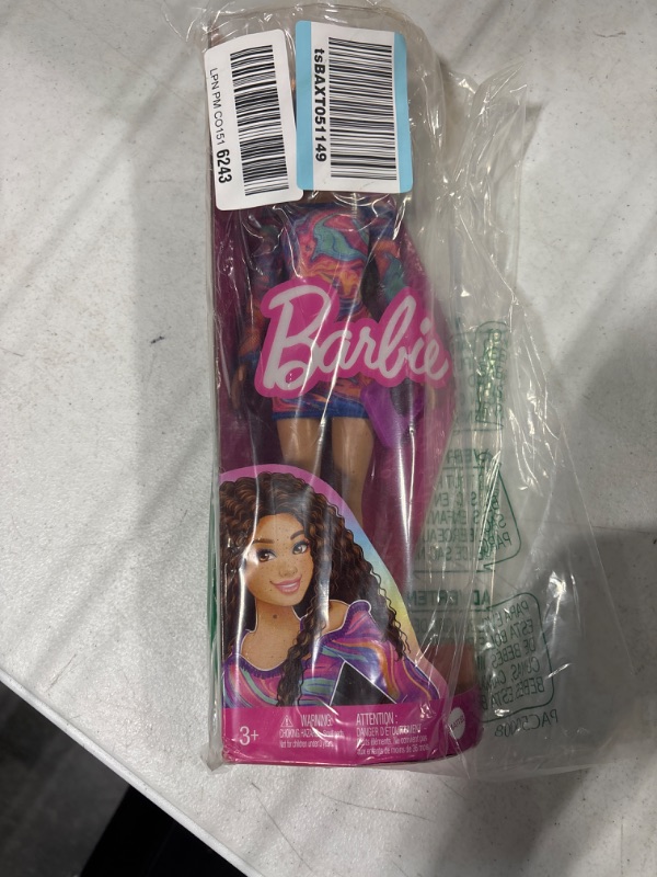 Photo 1 of Barbie Fashionistas Doll #206 with Crimped Hair and Freckles, Wearing Rainbow Marble-Print Dress with Green Mules and Purse