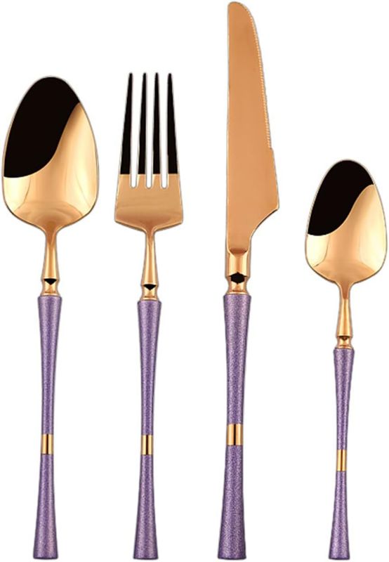 Photo 1 of 16 Piece Gold Silverware Set for 4 Durable 18/10 Stainless Steel Flatware Set Slim Waist Frosted Handle Cutlery Set Include Spoons Knifes Forks Kitchen Wedding Restaurant Purple