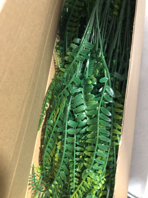Photo 1 of 12 Pcs Artificial Outdoor Plants Fake Boston Fern Stems, UV Resistant Faux Artificial Plants Shrubs Outdoors Plastic Plant Bulk for Hanging Planter Porch Window Home Decor (12, Green) 12 Green