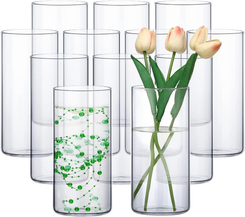 Photo 1 of 12 Pack Glass Cylinder Vases Clear Flower Vase Tall Floating Candle Holders Centerpiece Vases for Table Home Wedding Decorations Formal Dinners (8 Inch)