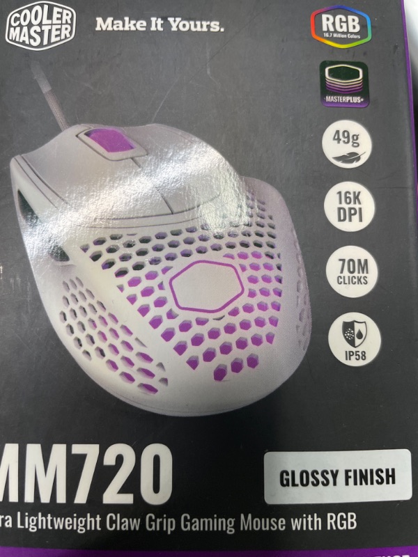 Photo 2 of Cooler Master MM720 White Glossy Lightweight Gaming Mouse with Ultraweave Cable, 16000 DPI Optical Sensor, RGB and Unique Claw Grip Shape
