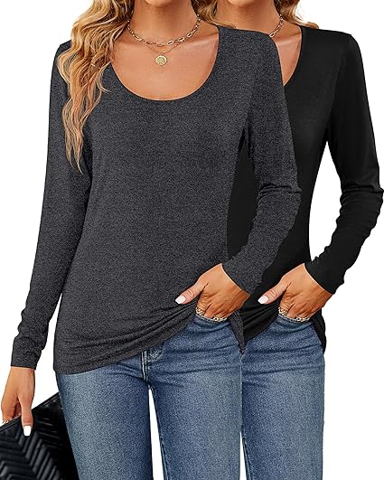 Photo 1 of 2 Pcs Womens T Shirt Tops with Scoop Neck Basic Casual Tee Women Basic Layer Shirts
