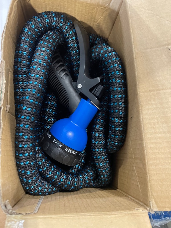 Photo 2 of ***USED*** 
Flexi Hose with 8 Function Nozzle Expandable Garden Hose, Lightweight & No-Kink Flexible Garden Hose, 3/4 inch Solid Brass Fittings and Double Latex Core, 75 ft Blue Black 75 FT Blue & Black