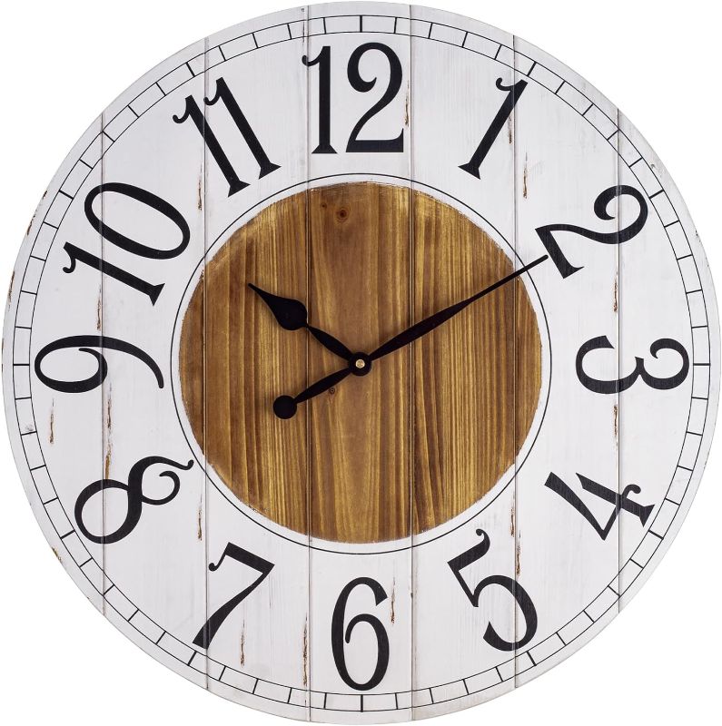 Photo 1 of 24 Inch Large Farmhouse Solid Wood Wall Clock for Living Room Decor, Silent Non Ticking Battery Operated Wall Clock, White-Brown Rustic Country Distressed Shiplap Round Clock for Kitchen, Bedroom