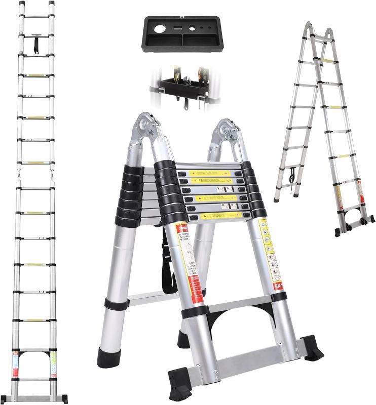 Photo 1 of 16.5FT A Frame Telescoping Ladder, Collapsible Aluminum Extension Ladder, Folding Ladder with Tool Tray and Wheel, Multi-Purpose Extension Ladder Lndoor and Outdoor Worker's Helper