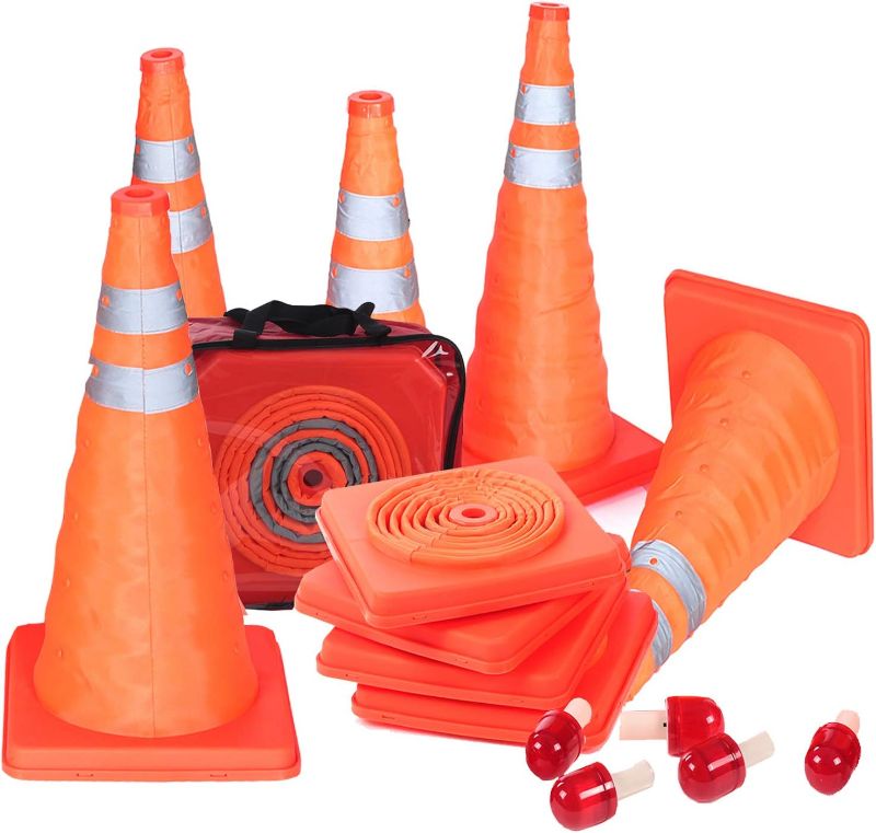 Photo 1 of 5PCS 18" Collapsible Traffic Cones with Nighttime LED Lights Pop up Safety Road Parking Cones Weighted Hazard Cones Construction Cones Fluorescent Orange w/2 Reflective Silver Strips Collar
