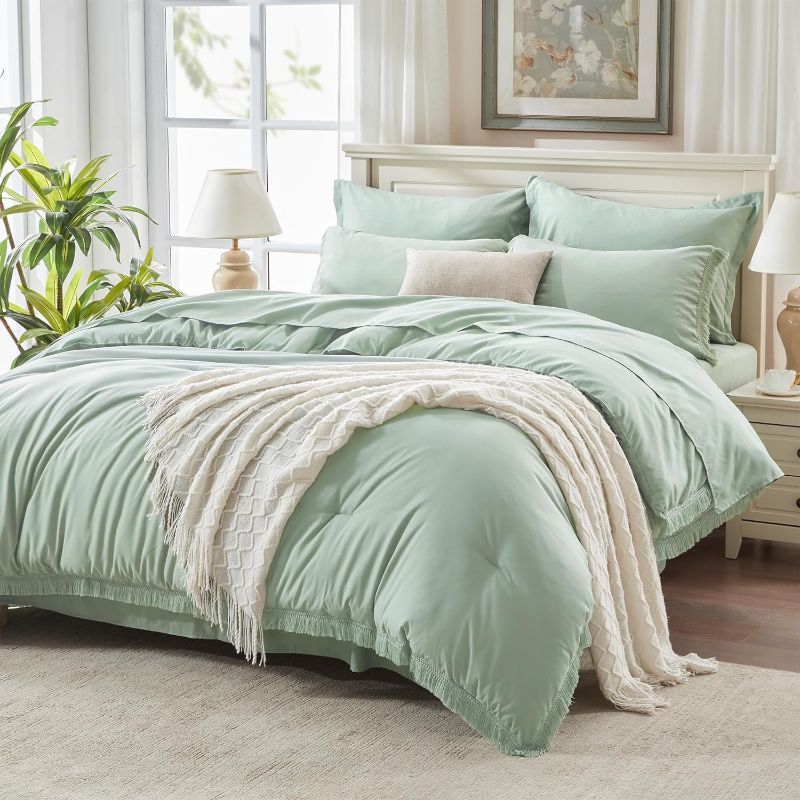 Photo 1 of ***Similar***Andency Full Size Comforter Set Sage Green -7 Pieces Boho Tassel Bed in a Bag Soft Lightweight Bedding Sets, All Season Fringe Bed Set with Comforter,...
