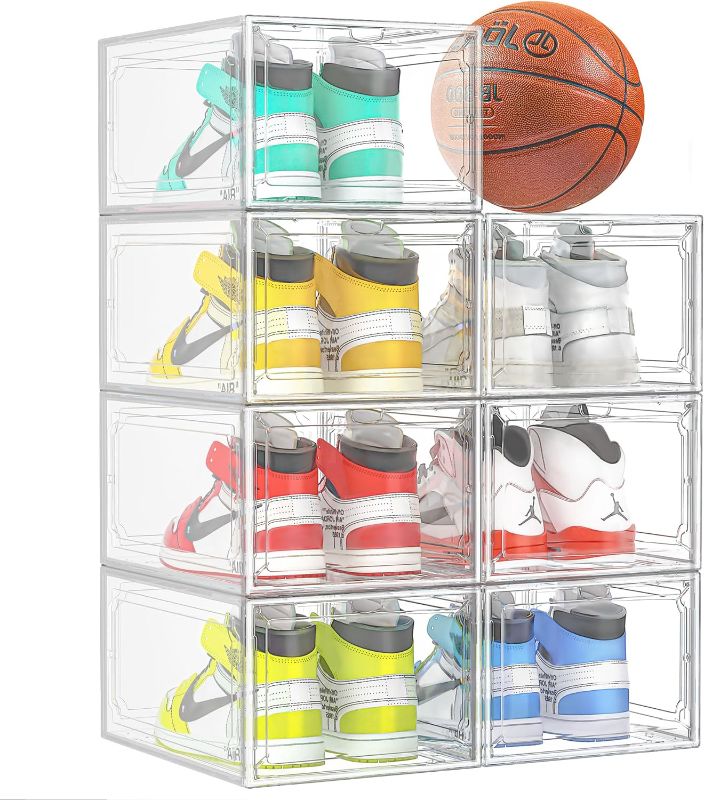 Photo 1 of 
Roll over image to zoom in







4 VIDEOS
Kuject XX-Large 7 Packs Clear Plastic Stackable Shoe Storage Organizer with Magnetic Door, Drop Front Shoe Boxes Case Rack for Display Sneakers Boot, Baseball Caps, Fit up to US Size 12