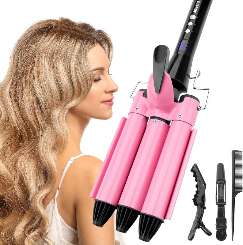 Photo 1 of 
3 Barrel Curling Ironf Wand Dual Voltage Hair Waver with LCD Temp Display, 1 Inch Ceramic Tourmaline Triple Barrels, Temperature Adjustable Portable Hair Waver Heats Up Quickly (Pink)