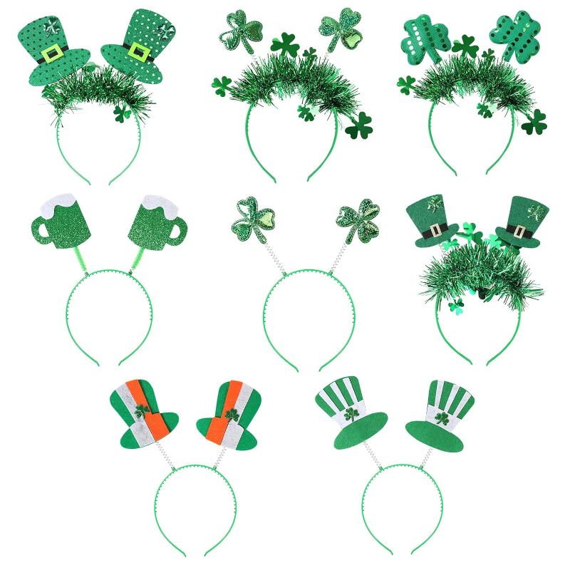 Photo 1 of 8Pcs St. Patrick's Day Headbands, Green Shamrock Headband Clover Hat Head Boppers St Patricks Day Headwear Hair Hoop for Irish Costume Party Favor Accessories
