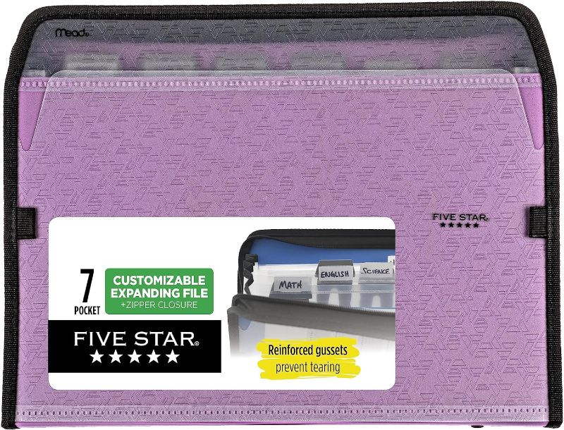 Photo 1 of Five Star 7 Pocket Expanding File Organizer, Plastic Expandable File Folders with Customizable Tabs & Clear Cover, Holds 11" x 8-1/2", Zipper Closure, Amethyst Purple (351700G)
