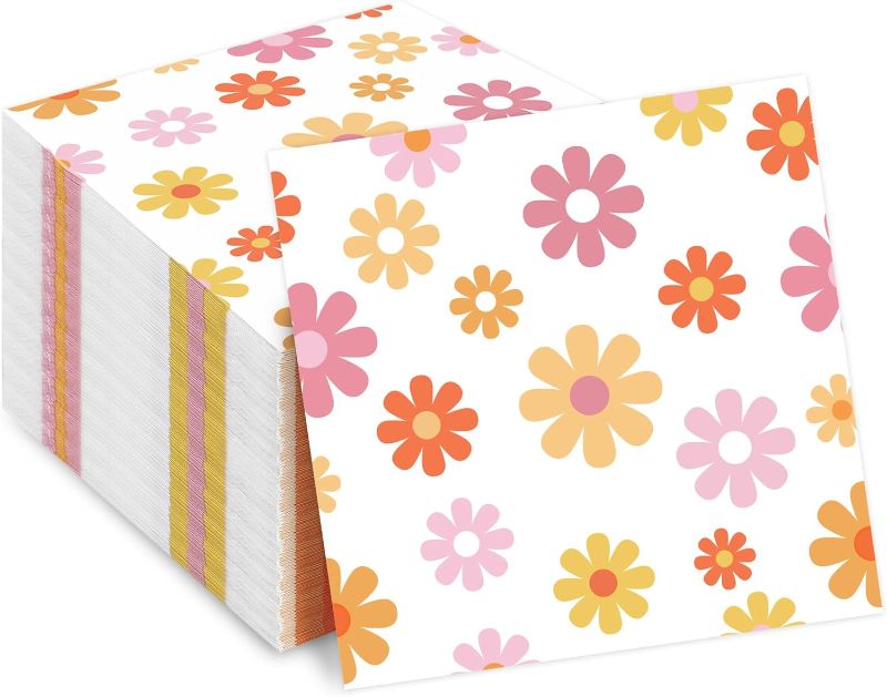 Photo 1 of 120 PCS Daisy Paper Napkins Groovy Daisy Boho Dinner Napkins Disposable Daisy Flower Decorative Party Napkin for Baby Shower Birthday Wedding Seasonal Holiday Party Supplies
