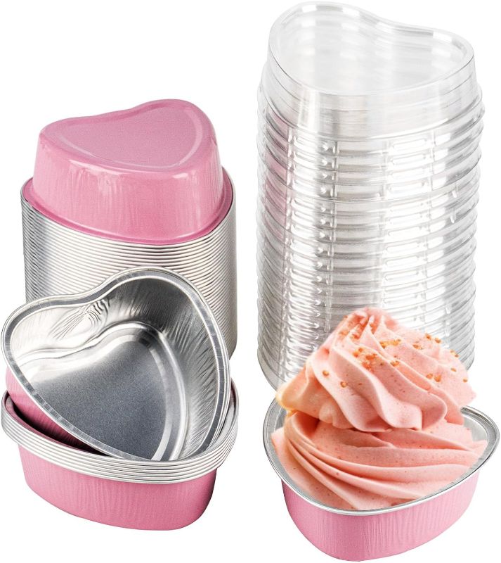 Photo 1 of 10oz Mini Cake Pans With Lids 40 Pack,LNYZQUS Aluminum Foil Square Brownie Baking Cups,Disposable 4”x4” Large Cupcake Pan,Jumbo Muffin Tin Ramekins Holders-Pink ***USED*** 
 