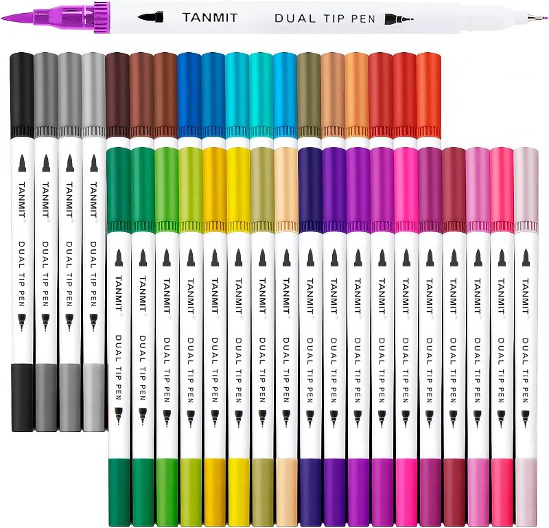 Photo 1 of Dual Brush Marker Pens for Coloring Books, Tanmit Fine Tip Coloring Marker & Brush Pen Set for Journaling Note Taking Writing Planning Art Project
