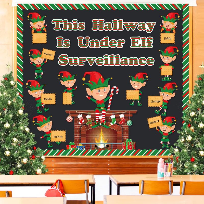 Photo 1 of Faccito 70 Pcs Christmas Bulletin Board Decorations Set Xmas Elf Cutouts with Red and Green Stripe Borders Trim Classroom Decor for Toddler Kids Students Home Class School Supplies
