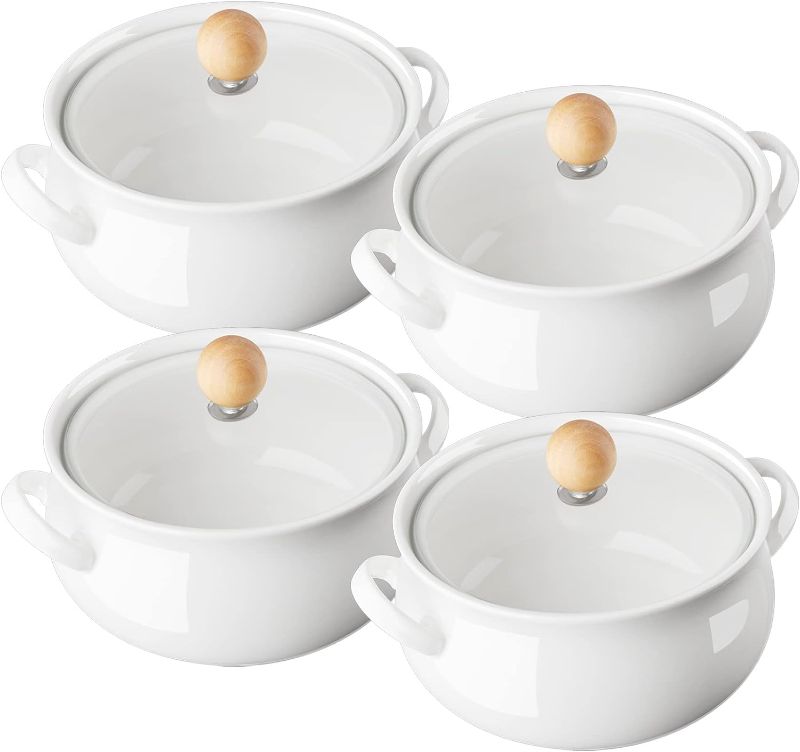 Photo 1 of ALELION Small French Onion Soup Bowls, 18 OZ Soup Crocks with Double Handles and Glass Lids, Oven Safe Soup Bowls for Stew Chili Cheese Pot Pie Casseroles, Set of 4, White