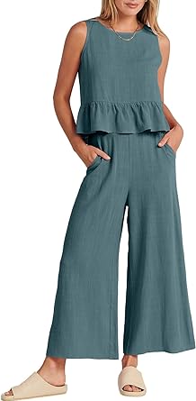 Photo 1 of *SIMILAR TO STOCK PHOTO* ANRABESS Women Summer 2 Piece Outfits Sleeveless Tank Crop Top Wide Leg Pants Linen Jumpsuits Lounge Matching Beach Sets