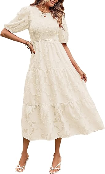 Photo 1 of MEROKEETY Women's 2024 Summer Puff Sleeve Smocked Floral Dress Crewneck Lace Flowy Tiered Midi Dresses large