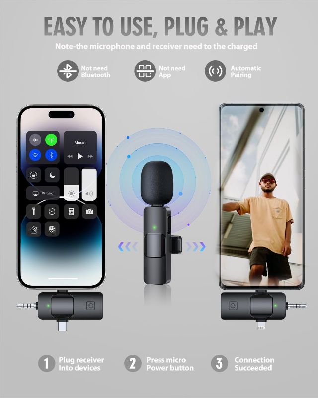 Photo 2 of 
PQRQP 3 in 1 Wireless Microphone for iPhone, Android, Camera, USB-C Microphone, Wireless Lavalier Microphone, Mini Microphone, Noise Canceling Lapel Mic for...