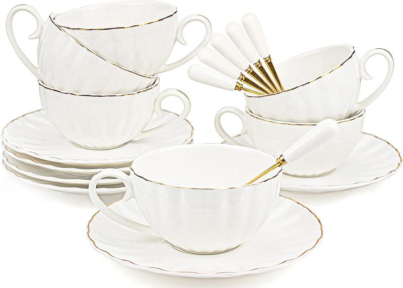 Photo 1 of Yesland Set of 6 Royal Tea Cups and Saucers with Gold Trim, 8 oz White Porcelain Tea Set & British Coffee Cups, White Latte Cups and Espresso Mug for Specialty Coffee Drinks, Latte, Cafe Mocha, Tea