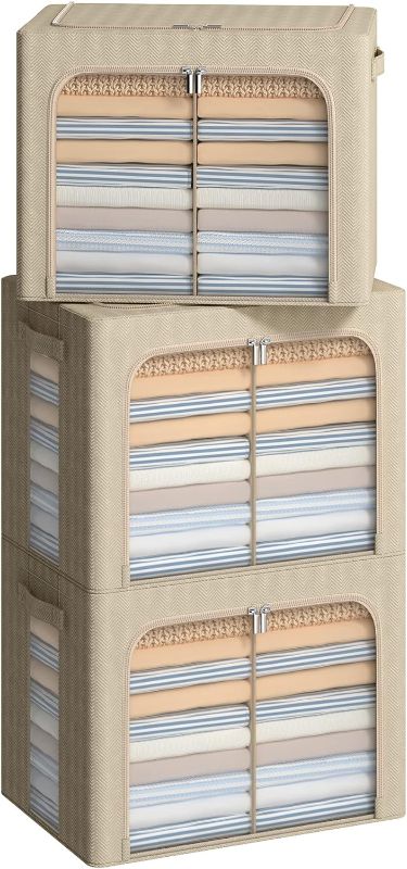 Photo 1 of 3Pack Stackable Storage Bins Oxford Frame Storage Box with Clear Window, Label Holder, Durable Carry Handles (Beige, 3x36L-15.7x11.8x11.8)