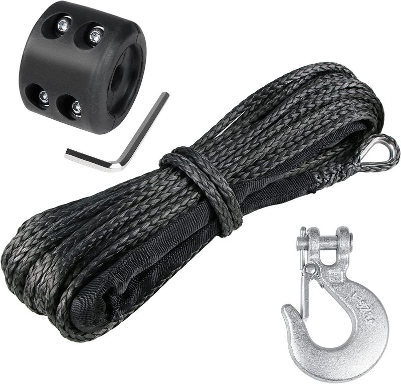 Photo 1 of 1/4" Synthetic Winch Rope 50 Ft Black Heavy Duty 10000 lb ATV Winch Rope Line with Steel Hook Rubber Stopper Protecting Sleeve/Sheath and Thimble Universal Fit for ATV SUV Vehicle Winch Rope