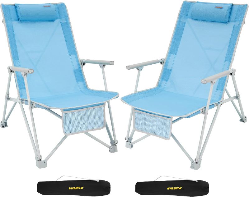 Photo 1 of #WEJOY 2 Pack Low Beach Chair, Folding High Back Portable Beach Lawn Chairs for Adults with Armrest,Headrest,Pocket for Outdoor Camp Festival Sand Concert,300 LBS