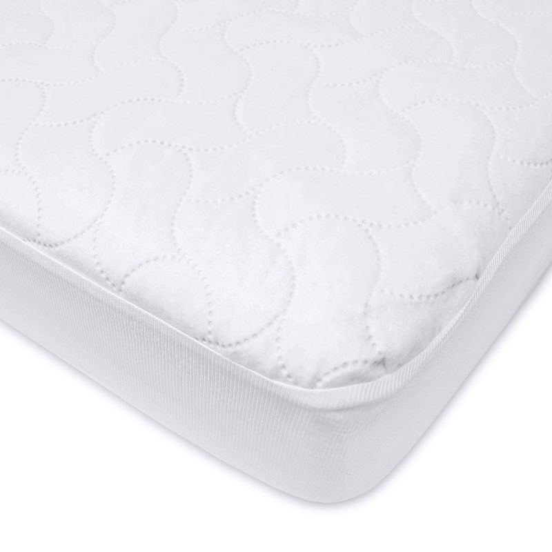 Photo 1 of American Baby Company Waterproof Fitted Crib and Toddler Mattress Protector, Quilted and Noiseless Crib & Toddler Mattress Pad Cover, White, 52"x28"x9"
