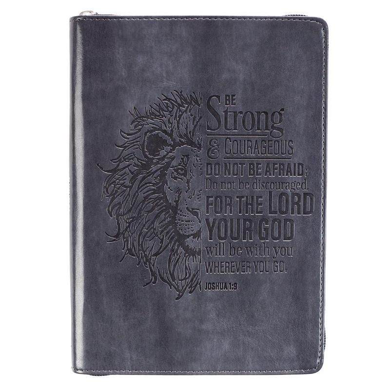 Photo 1 of Christian Art Gifts Classic Faux Leather Bible Cover for Men and Women: Be Strong and Courageous - Joshua 1:9 Inspirational Bible Verse with Lion, Gray and Black, Medium