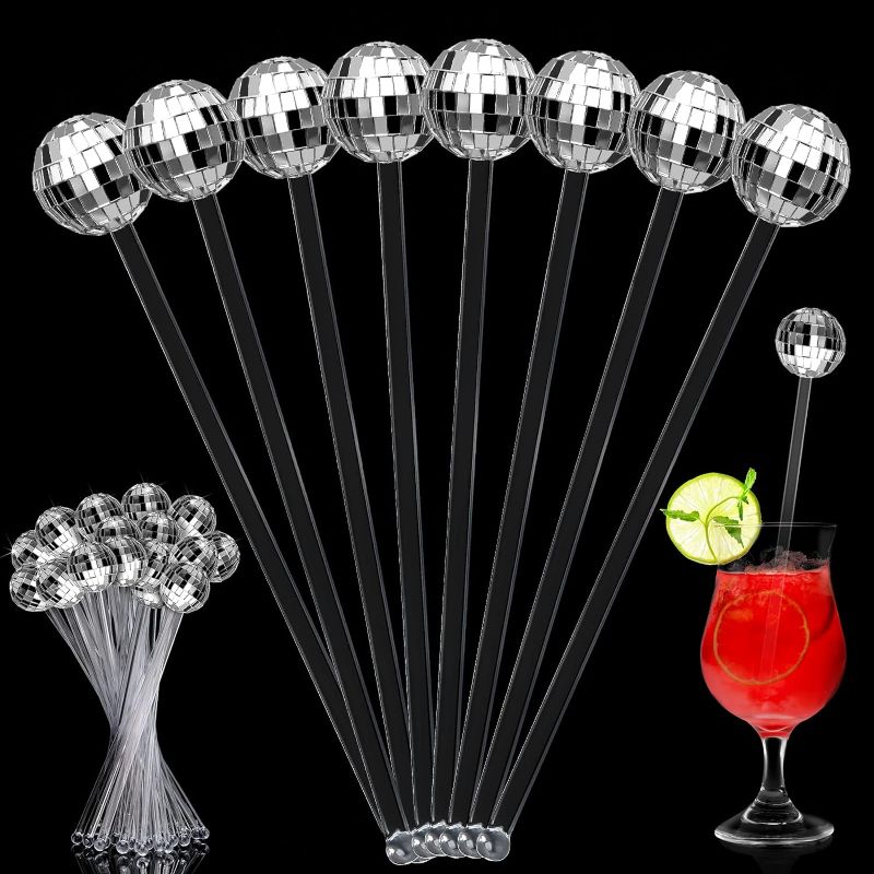 Photo 1 of 48 Pcs Mirror Disco Ball Stirrers Cocktail Disco Decorative Straws Plastic Round Top Swizzle Sticks Cake Pops Coffee Stirrers for Christmas Bachelorette 1970s Disco Party Home Bar Shop Use(Clear)
