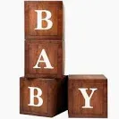 Photo 1 of Baby Boxes for Baby Shower, 4 Pcs Wood Grain Brown Blocks with Printed BABY Letters for Gender Reveal Baby Birthday Girl Boy Woodland Baby Shower Teddy Bear Theme Party Decorations Supplies