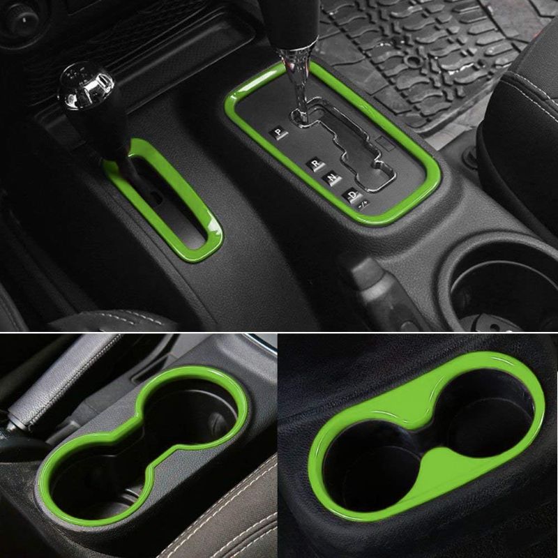 Photo 1 of E-cowlboy 4PCS Interior Accessories Decoration Cover Trim Kit Front+Rear Water Cup Holder Trim Gear Shift Box Trim Transfer Case Trim for Jeep Wrangler JK JKU 2011-2018 4-Door (Green)