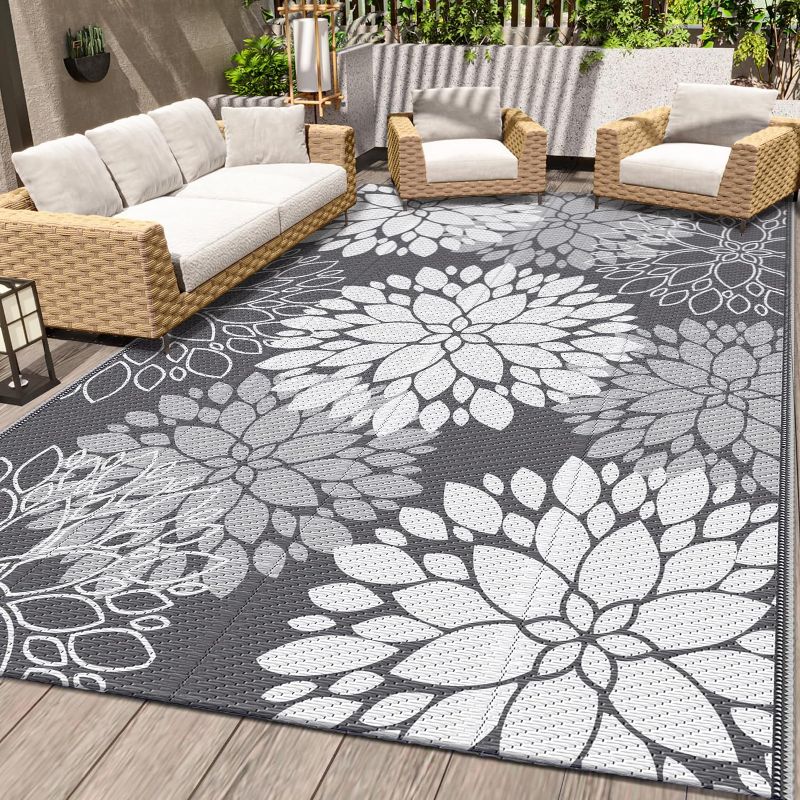 Photo 1 of  Outdoor Rug Waterproof Outdoor Plastic Straw Rug Reversible Patio Rug Mat Outdoor Decor Large Area Mats for RV, Picnic, Backyard, Deck, Balcony, Porch, Beach, Camping, 5'x 8',Grey