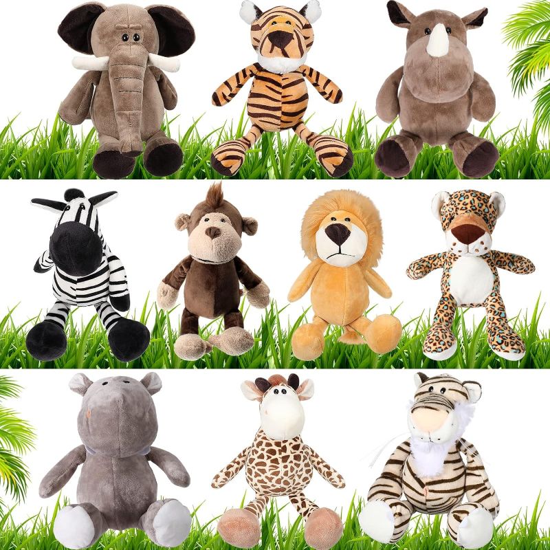 Photo 1 of 10 Pcs Safari Stuffed Animals Plush Jungle Animal Toys for Girls Boys, Elephant Giraffe Lion Tiger Monkey Rhinoceros Zebra White Tiger Leopard Hippo for School Classroom Achievement Award