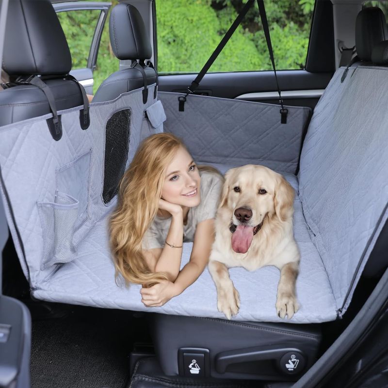 Photo 1 of Back Seat Extender for Dogs, Dog Car Seat Cover with Mesh Window Multiple Pockets, Dog Hammock for Car Waterproof Car Camping Mattress, Non Inflatable Car Bed for Car SUV Truck (Grey)
