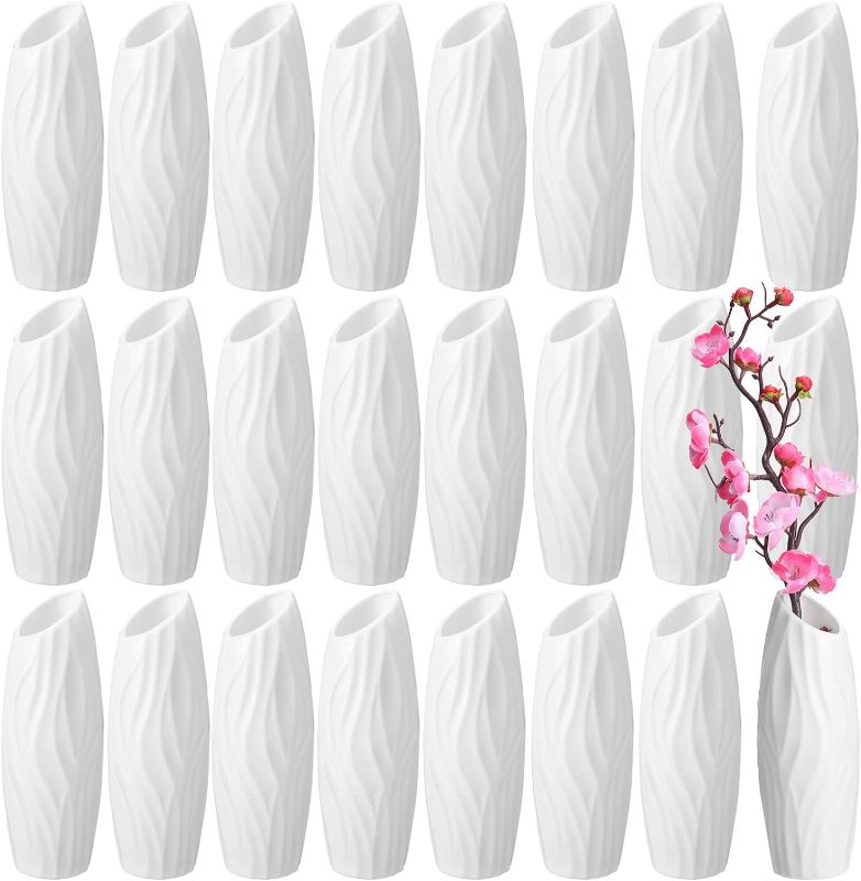 Photo 1 of 24 Pcs Composite Plastic Flower Vase Ceramic Look Plastic Vase Decorative White Vase Unbreakable Flower Vases for Centerpieces Small Tall Flower Vase for Living Room Table Home Decor (Elegant Style)
