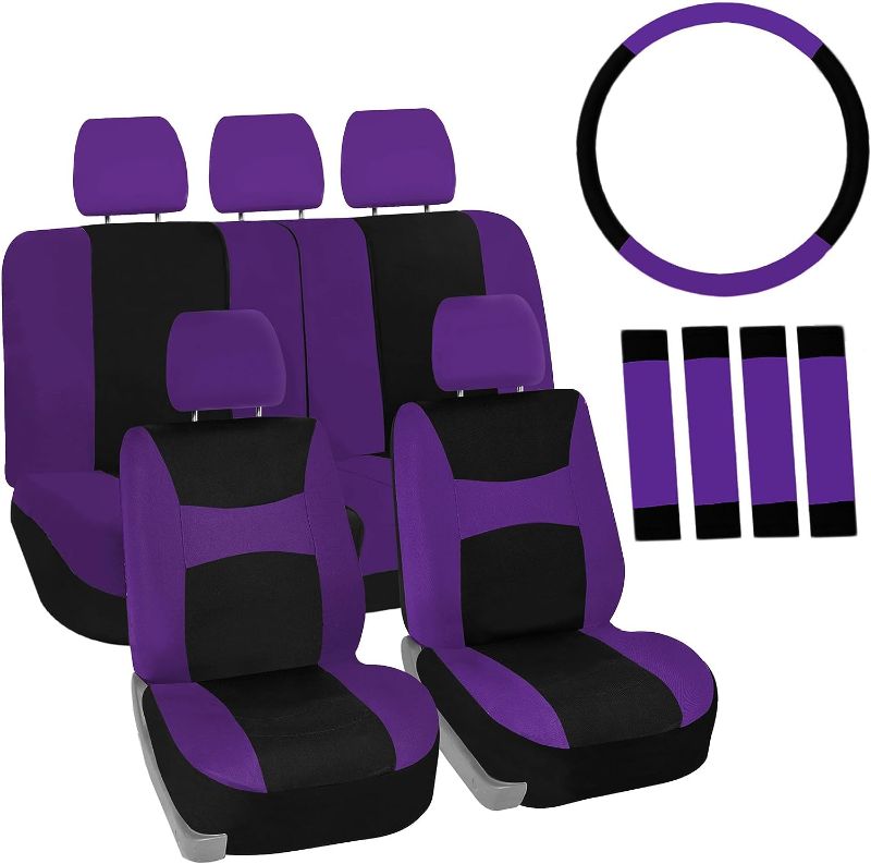 Photo 1 of FH Group Full Set Car Seat Covers Cloth, Universal Fit combo, Set with Steering Wheel Cover and Seat Belt Pad fits Most Cars, SUVs, Trucks Purple
