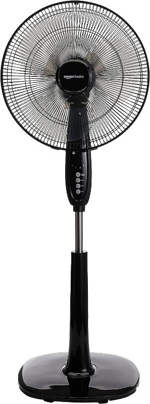 Photo 1 of  Pedestal Floor Fan with Oscillating Blades, Remote Control, Timer, Tilted Head, and 3 Speed Settings - Sleek Black Design
