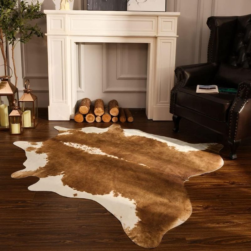 Photo 1 of  Premium Cowhide Rug  Faux Cow Hide Rug Modern Animal Area Rug Stylish Cowhides Printed Rugs for Living Room Bedroom Western Decor Leather Carpets,Khaki Brown
