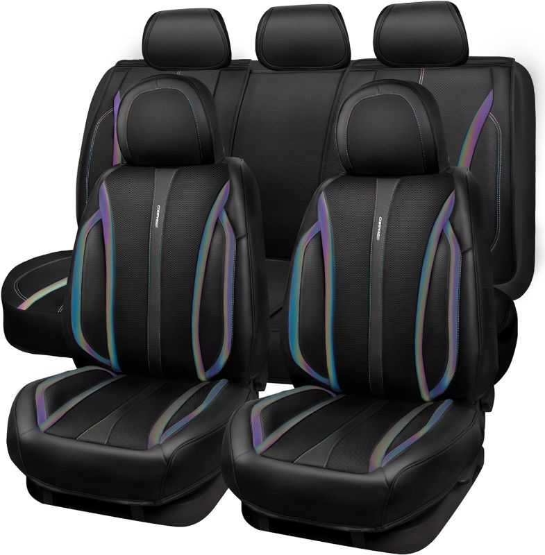 Photo 1 of CAR Pass Nappa Leather Car Seat Covers, Durable Waterproof Luxury Universal for SUV Pick-up Truck Sedan, Anti-Slip Driver 5 Seats Covers Full Set with Backrest (Black Chameleon Iridescent Reflective)
